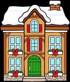 a drawing of a house with snow on the roof and red bows hanging from it's windows