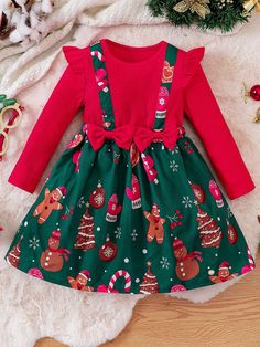 Young Girl Christmas Print Ruffle Trim Bow Front 2 In 1 Dress Red Cute  Long Sleeve Fabric Christmas A Line Slight Stretch  Young Girls Clothing, size features are:Bust: ,Length: ,Sleeve Length: Kids Christmas Dress, Snowflake Dress, Girls Christmas Dresses, 21st Dresses, Patchwork Dress, Vestido Casual, Casual Winter Outfits, Christmas Dress