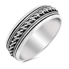 a white gold wedding band with braiding on the sides and an intricate design in the center