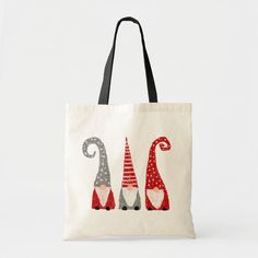 two gnomes with red and white hats on their heads tote bag for christmas