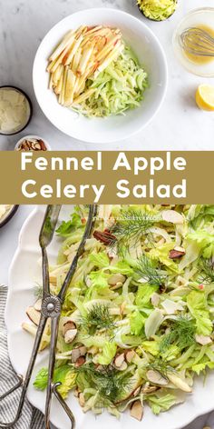 a bowl of celery salad with apples and fennel on the side, along with two serving utensils