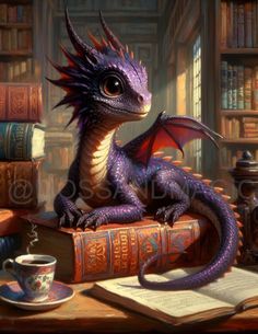 a purple dragon sitting on top of a book next to a cup and saucer