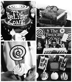 black and white pictures of various items from the twilight zone, including cake, candy, books, eyeglasses