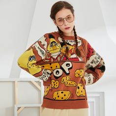 Funny Cartoon Art Cookie Warm Sweater Aesthetic Sweaters, Winter Fashion Jackets, Cartoon Letters, Cozy Knit Sweater, Warm Sweater, Warm Sweaters, Sweater Women, Urban Chic, Japan Fashion