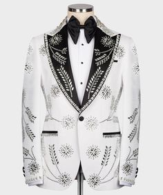 Luxury White Suit For Evening, Luxury White Evening Suit, Notch Lapel Tuxedo Suit For Gala, Designer White Party Suits, Luxury White Evening Tuxedo, Luxury White Suit For Parties, Luxury Tuxedo With Notch Lapel For Gala, Tailored Luxury Tuxedo For Gala, Luxury White Party Suit