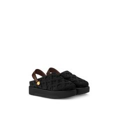 LOUIS VUITTON® - Aspen Platform Clog - Black Lv Clogs, Lv Slippers, Trunk Bag, Platform Clogs, Men Store, Monogram Pattern, Girly Shoes, Leather Denim, Louis Vuitton Official