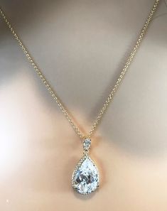 New Art Deco Tear Drop CZ Crystal Pendant Gold Necklace Rose Gold Available New Art Deco, Necklace Rose Gold, Necklace Rose, Pendant Gold, Rose Gold Necklace, Gold Pendant Necklace, Tear Drop, Pear Shape, Crystal Pendant