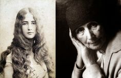 an old black and white photo of a woman with long hair next to a vintage portrait of a woman