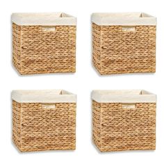 four wicker storage baskets with lids and liners, set of 4 - natural