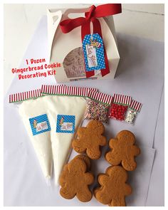 gingerbread cookies are on the table next to a bag and some other items in it