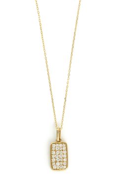 A rectangular pendant is arrayed in 28 round-cut diamonds, making this handcrafted 18-karat-gold necklace a sleek, modern accessory. 16" length; 2" extender 1/8"W x 3/8"L pendant Total diamond weight: 0.18ct. Color: G Clarity: VS 18k gold/diamond Imported >Diamond Guide Diamond Necklace With Rectangular Pendant, Rectangular Diamond Cut Diamond Necklace, Luxury Diamond Necklace With Rectangular Pendant For Formal Events, Luxury Diamond Necklace With Rectangular Pendant For Formal Occasions, Luxury Formal Diamond Necklace With Rectangular Pendant, Rectangular Pendant With Baguette Diamonds, Rectangular Pendant Necklace With Diamond Accents, Diamond Cut Necklace With Rectangular Pendant, Square Pendant Diamond Necklace With Baguette Diamonds