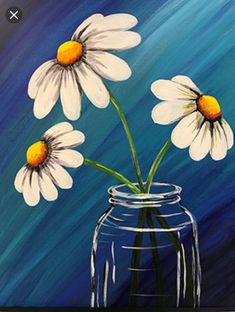 three white daisies in a glass vase on a blue and black background, painted with acrylic paint