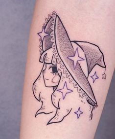 a woman with a hat on her head and stars around her neck is depicted in this tattoo design