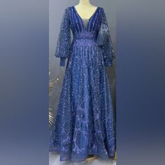 Long Deep Blue Sequins Beaded Dress For Special Occasions, Uniquely Made. Fitted For Large/ Extra Large Blue Sequined Gown For Banquet, Blue Sequined Gown For Banquets, Blue Sequined Maxi Evening Dress, Beaded Long Sleeve Evening Dress, Royal Blue Sequined Floor-length Dress, Blue Embellished Evening Dress, Royal Blue Floor-length Sequin Dress, Royal Blue Sequined Evening Dress, Blue Sequined Long Sleeve Evening Dress