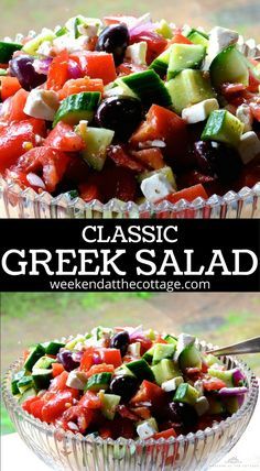 greek salad with cucumbers, olives and feta cheese in a glass bowl