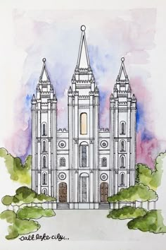 a watercolor and ink drawing of the salt lake temple