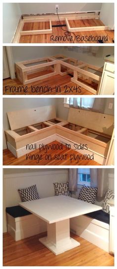 three pictures showing how to build a bench in the living room and dining room area