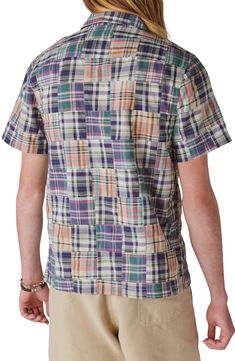 Patches of colorful plaid form an eye-catching design on this short-sleeve button-up shirt inspired by vintage workwear styles. Notched collar Short sleeves 100% cotton Machine wash, tumble dry Imported Plaid Cotton Short Sleeve Shirt With Button Closure, Plaid Short Sleeve Camp Shirt With Relaxed Fit, Plaid Cotton Tops With Patch Pockets, Short Sleeve Cotton Flannel Shirt With Button Closure, Plaid Short Sleeve Flannel Shirt With Button Closure, Plaid Flannel Shirt With Short Sleeves And Button Closure, Multicolor Collared Short Sleeve Cotton Shirt, Plaid Flannel Shirt With Short Sleeves, Plaid Relaxed Fit Short Sleeve Cotton Shirt