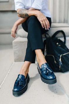 Spring Shoes 2024  16 Ideas: Unveiling the Latest Trends and Innovations Woman Platform Shoes, Comfy Loafers For Women, Styling Lug Sole Loafers, Chunky Heel Loafers Outfit, Lug Loafer Outfit, Blue Loafers Outfit Women, Lug Sole Loafers Outfit, Stylish Flats For Women, Style With Loafers