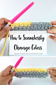 two photos showing how to crochet the same color yarn with text overlay that reads, how to seamlessly change colors