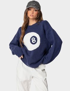 Stay Relaxed To The Max In This Essential Cozy Oversized Sweater. With Its Chunky Knit Fabric And Cool Graphic, Throw It Over Any Outfit For The Perfect Chilled Vibe. Sweater. Chunky Knit Fabric. Knit Graphic. 40% Acrylic, 30% Nylon, 30% Polyester. Model Wears Size S. Model Height Is 5'8. Item Care: Machine Wash At Maximum 30ºc, Wash With Similar Colors, Do Not Bleach, Do Not Tumble Dry, Iron At A Maximum Of 110ºc, Do Not Dry Clean. | Edikted Magic 8 Oversized Chunky Knit Sweater Magic Eight Ball, Oversized Chunky Knit Sweater, Eight Ball, Cozy Oversized Sweaters, Sweater Chunky, Oversize Sweater, Chunky Knit Sweater, Chunky Knits Sweater, Fashion Help