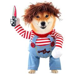 a dog dressed up as a clown holding a knife in its paws and wearing overalls