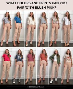 Colors That Go Well With Blush Pink - Merrick's Art Blush Joggers Outfit, Rose Color Pants Outfits, Blush Color Combinations Outfit, Powder Pink Pants Outfit, Pink Pants Combination, Blush Pants Outfit Work Wear, What Goes With Pink Pants, Mustard Top Outfit Work, Rose Colored Pants Outfit