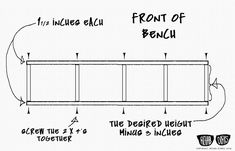 a diagram showing the height and width of a bench with three sections labeled in black