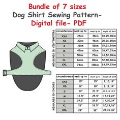 the dog shirt sewing pattern is shown with measurements