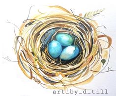 three blue eggs sitting in a nest on top of a white background with the words art by d - till written below it