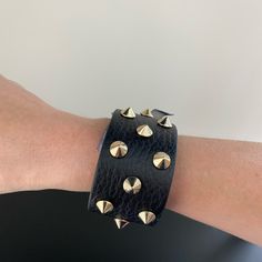 Leather (I Am Not Sure If It’s Faux Or Real) Bracelet With Light Gold Spike. The Clasp Is A Snap Closure With Two Different Sizes. Never Worn. Black Studded Bracelets For Party, Fossil Bracelet, Baseball Bracelet, Amethyst Bracelet Beads, Multi Gemstone Bracelet, Beach Bracelets, Band Bracelet, Initial Bracelet, Amethyst Beads