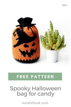 a crocheted pumpkin bag next to a potted plant with the text free pattern spooky halloween bag for candy