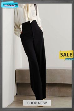 Elegant Plain Fashion Regular Fit No Elasticity Pants Baggy Full-length Bottoms For Workwear, High Waist Baggy Office Pants, Elegant Loose Fit Bottoms For Fall, Non-stretch Office Pants, High Waist Baggy Bottoms For Office, Elegant Baggy Dress Pants For Spring, Baggy High-waisted Office Pants, Tailored High-waist Bottoms, Tailored High-waist Office Bottoms