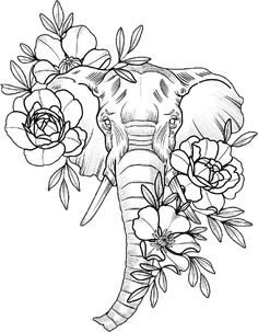 an elephant with flowers on it's head is shown in this black and white drawing