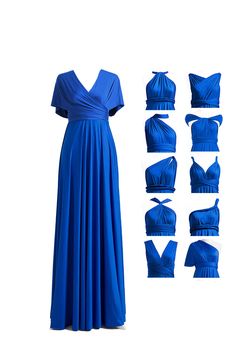 a blue dress is shown with different angles and sizes to fit it's body