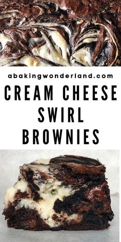 some brownies are stacked on top of each other and the words cream cheese swirl brownies above them