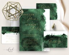 green watercolor wedding stationery with gold foil lettering