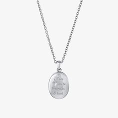 Included: 1 Necklace(s)Features: Nickel FreeJewelry Closure: Spring Ring ClaspLink Construction: SolidShape: OvalMetal Color: Silver ToneChain Length: 18 InchChain Width: 1.01 MillimetersExtender Length: 2 InchPendant Length: 19.8mmPendant Width: 13.4mmMetal: Pure Silver Over BrassChain Construction: CableCare: Wipe CleanNecklace Type: Locket NecklacesCountry of Origin: Imported Oval Silver Stainless Steel Necklace, Silver Charm Necklace With Oval Pendant, Silver Oval Pendant Necklaces With Engraving Option, Silver Oval Pendant Necklace With Engraving Option, Engraved Stainless Steel Oval Pendant Necklace, Silver Oval Engraved Charm Necklace, Silver Oval Locket Necklace For Mother's Day, Silver Oval Necklace For Mother's Day, Oval Locket Necklace