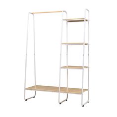 a white and wood shelf with three shelves on each side, one is leaning against the wall