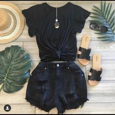 Distressed Black Shorts. New With Tags. Size Large Black Jean Shorts Outfit, Summer Jean Shorts Outfit, Black Ootd, Jean Short Outfits, Summer Shorts Outfits, Wearing All Black, High Waist Shorts, All Black Everything, Pinterest Outfits