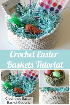 crochet easter basket with eggs, grass and other items to make it look like an easter basket