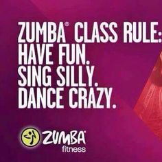 an advertisement for zumba class rules, featuring a woman in a red dress and the words'have fun, sing silly, dance crazy '