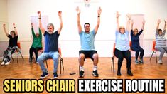 seniors chair exercise routine with the words seniors chair exercise routine above them in front of an image of people sitting on chairs