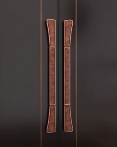 an image of a door handle on a black and brown door with copper trimmings