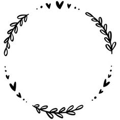 a black and white drawing of a circle with leaves on it, surrounded by hearts