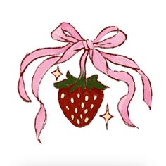 a drawing of a strawberry with a pink ribbon and stars on it's side