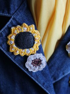 a blue jacket with yellow and white flowers on the lapel, next to a banana