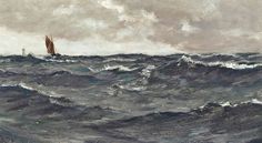 an oil painting of a sailboat in rough seas