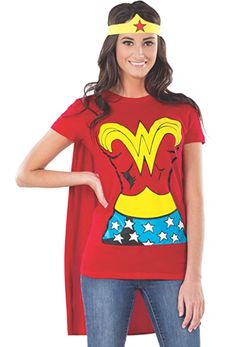 a woman wearing a red shirt and blue jeans with a wonder costume on her head