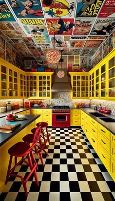 a kitchen with yellow cabinets and checkered flooring is pictured in this image, the ceiling has superman comics painted on it